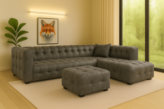 Faux Leather Suede Grey Right Hand Facing Corner Sofa with Ottoman TRANQUILLITÀ