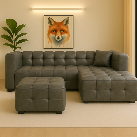 Faux Leather Suede Grey Left Hand Facing Corner Sofa with Ottoman TRANQUILLITÀ