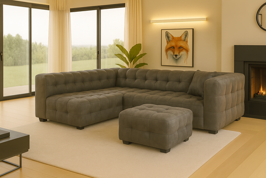 Faux Leather Suede Grey Left Hand Facing Corner Sofa with Ottoman TRANQUILLITÀ
