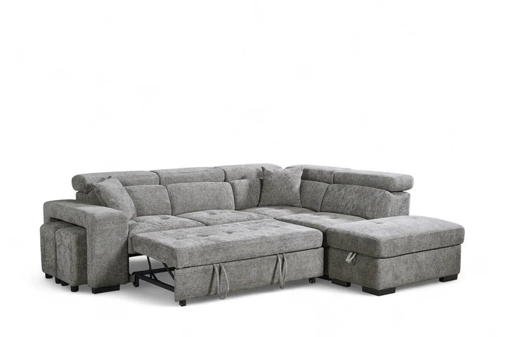 Grey Chenille Fabric 2C1 Corner Sofabed with Storage and Ottomans LAVORO