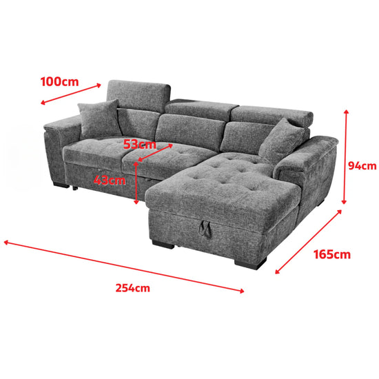 Grey Chenille Fabric 2C1 Corner Sofabed with Storage DISCENDENTE DI WILL