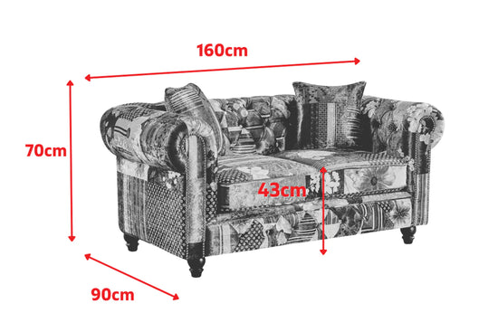 Multicoloured Fabric Patchwork Scroll Arm 2 Seater Chesterfield Sofa GRAZIA