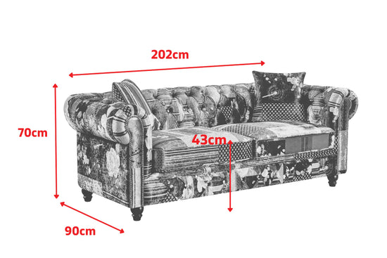 Multicoloured Fabric Patchwork Scroll Arm 3 Seater Chesterfield Sofa GRAZIA