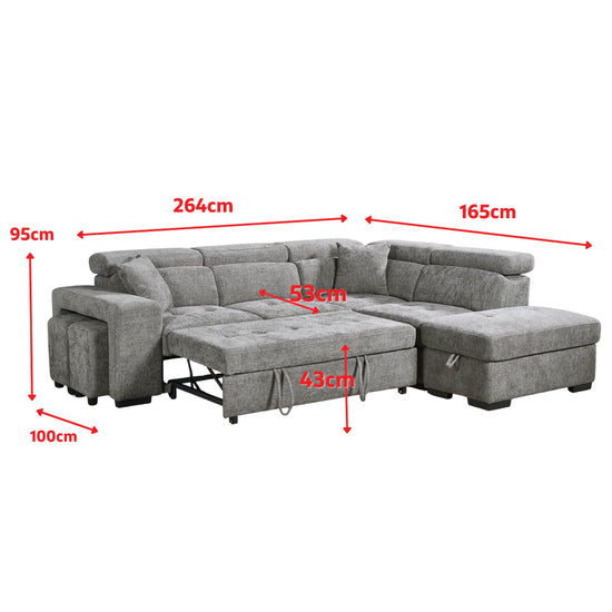 Grey Chenille Fabric 2C1 Corner Sofabed with Storage and Ottomans LAVORO