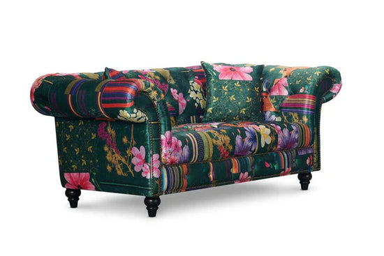 Fabric Green Patchwork 2 Seater Scroll Arm Chesterfield Sofa AMALFI