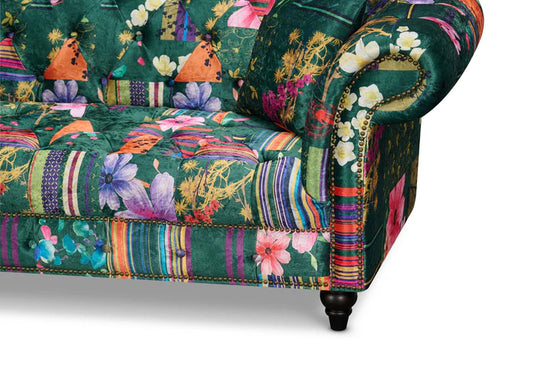 Fabric Green Patchwork 2 Seater Scroll Arm Chesterfield Sofa AMALFI