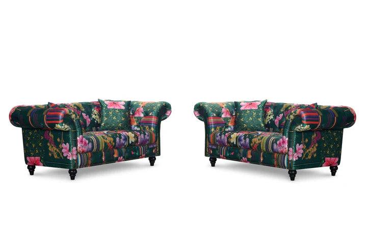 Fabric Green Patchwork 2 + 2 Seater Scroll Arm Chesterfield Sofa Set AMALFI