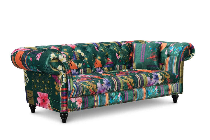 Fabric Green Patchwork 3 Seater Scroll Arm Chesterfield Sofa AMALFI