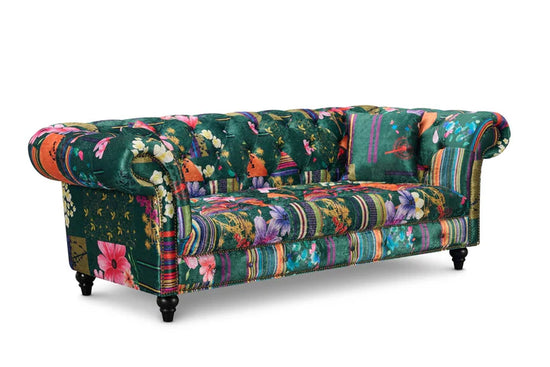Fabric Green Patchwork 3 Seater Scroll Arm Chesterfield Sofa AMALFI