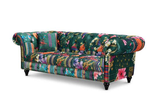 Fabric Green Patchwork 2 + 2 Seater Scroll Arm Chesterfield Sofa Set AMALFI