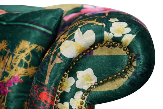 Fabric Green Patchwork 3 Seater Scroll Arm Chesterfield Sofa AMALFI