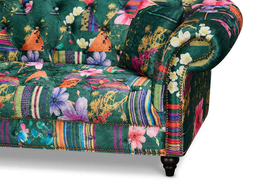 Fabric Green Patchwork 3 Seater Scroll Arm Chesterfield Sofa AMALFI