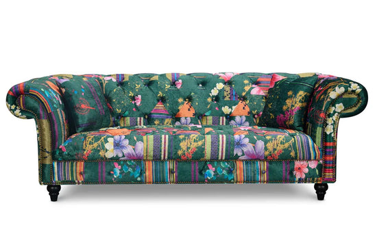 Fabric Green Patchwork 3 Seater Scroll Arm Chesterfield Sofa AMALFI