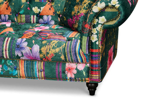 Fabric Green Patchwork 2 + 2 Seater Scroll Arm Chesterfield Sofa Set AMALFI