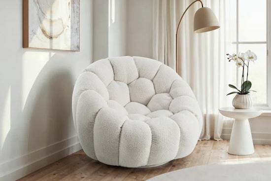 Teddy Boucle Fabric White 1 Seater Swivel Sofa DIVANO LETTO