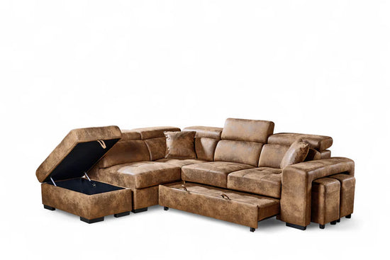 Faux Leather Suede Brown 1C2 Corner Sofabed with Storage and Ottomans STILE