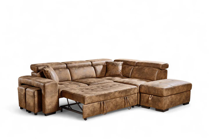 Faux Leather Suede Brown 2C1 Corner Sofabed with Storage and Ottomans STILE