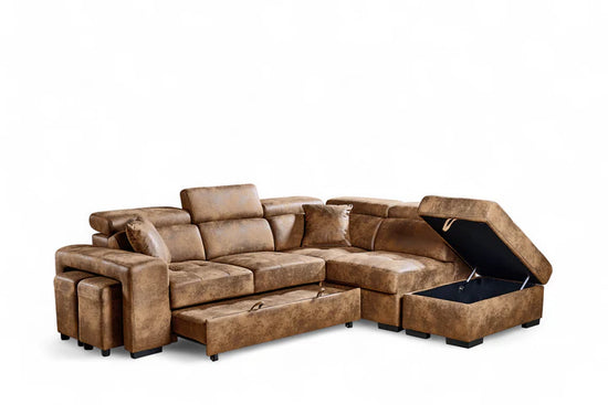 Faux Leather Suede Brown 2C1 Corner Sofabed with Storage and Ottomans STILE