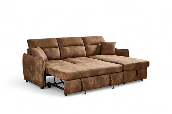Faux Leather Suede Brown 2C1 Corner Sofabed with Storage CORAGGIOSO