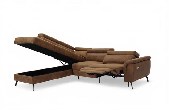 Faux Leather Suede Brown Left Hand Facing Reclining Corner Sofa with Storage TRIONFO
