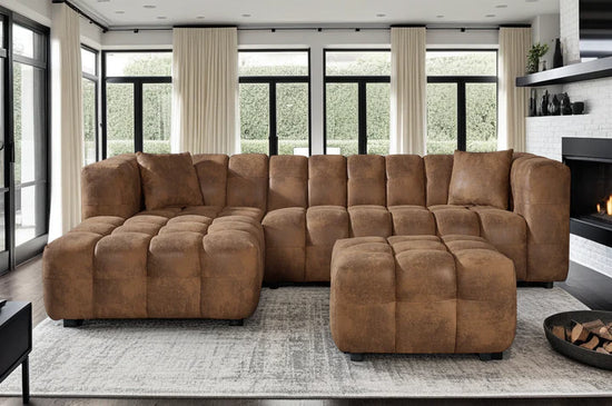 Faux Leather Suede Brown Left Hand Facing Corner Sofa with Ottoman TRANQUILLITÀ