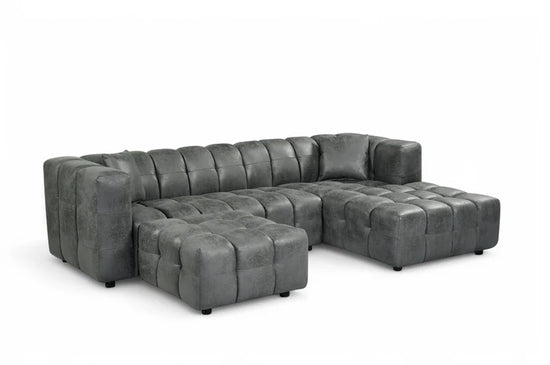 Faux Leather Suede Grey Right Hand Facing Corner Sofa with Ottoman TRANQUILLITÀ