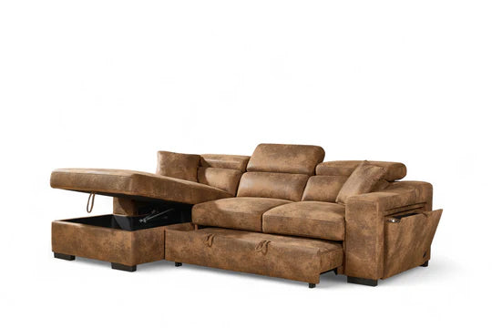 Faux Leather Suede Brown 1C2 Corner Sofabed with Storage NOBILE