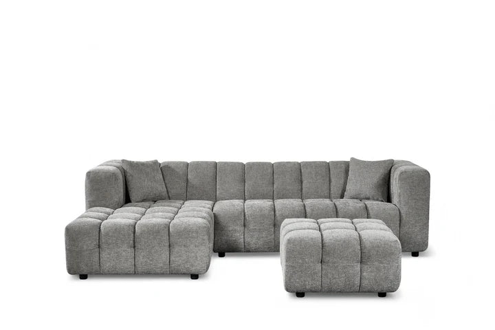 Grey Chenille Fabric Left Hand Facing Corner Sofa with Ottoman TRANQUILLITÀ