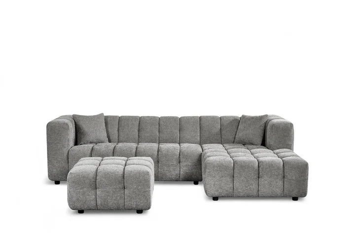 Grey Chenille Fabric Right Hand Facing Corner Sofa with Ottoman TRANQUILLITÀ