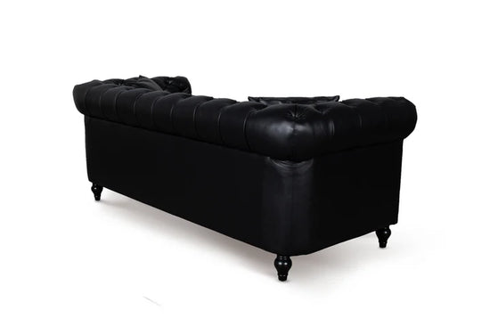 Faux Leather Black 3 Seater Chesterfield Sofa With Wooden Feet MODERNO