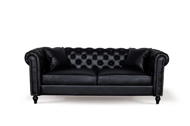 Faux Leather Black 3 Seater Chesterfield Sofa With Wooden Feet MODERNO