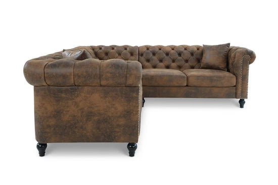Faux Leather Suede Brown 2C2 Chesterfield Corner Sofa With Wooden Feet MODERNO
