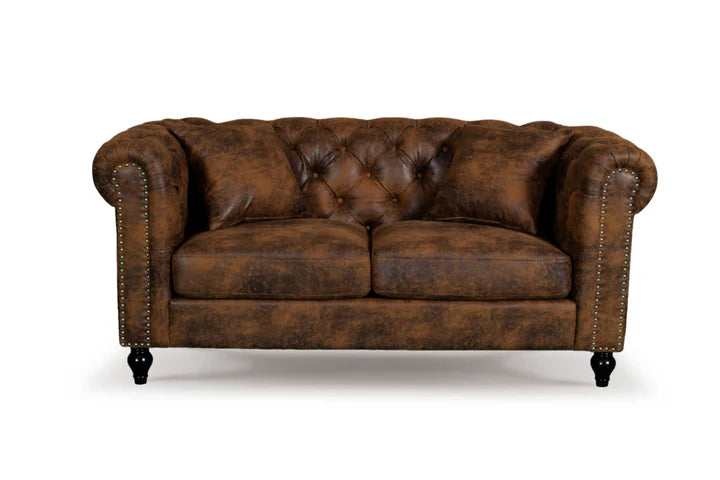 Faux Leather Suede Brown 2 Seater Chesterfield Sofa With Wooden Feet MODERNO