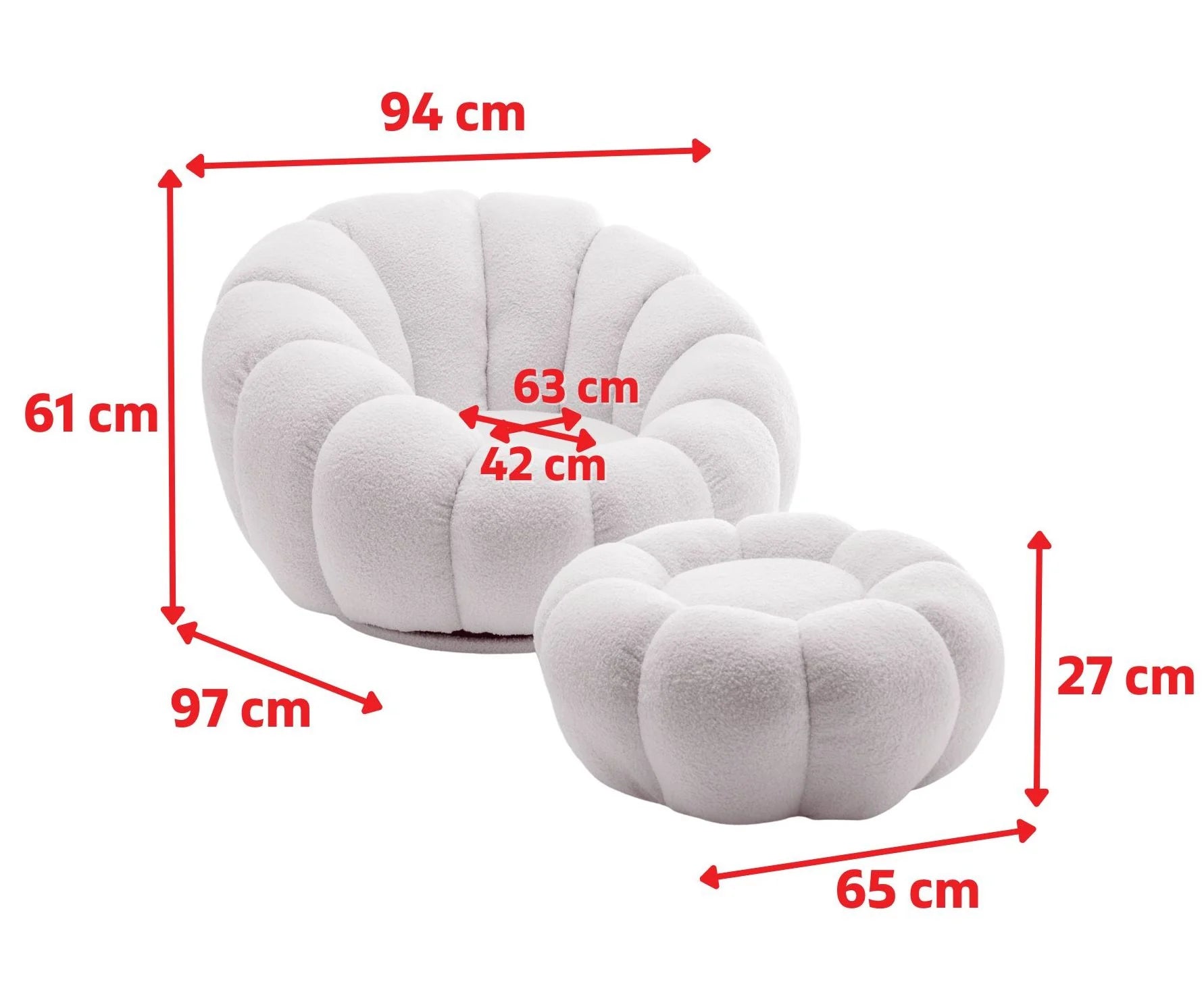 Teddy Boucle Fabric White 1 Seater Swivel Sofa with Footstool MIRIELLE