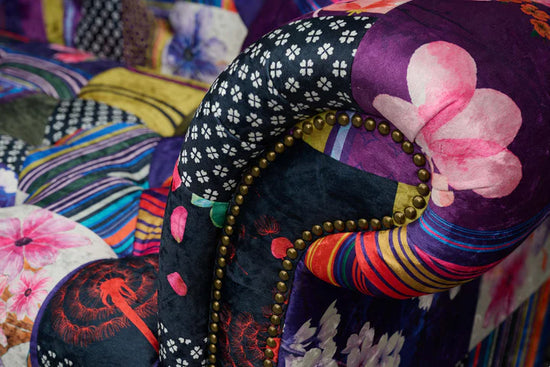 Multicoloured Fabric Patchwork 1 Seater Scroll Arm Chesterfield Sofa AMALFI