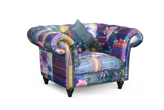 Multicoloured Fabric Patchwork 1 Seater Scroll Arm Chesterfield Sofa AMALFI