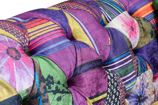 Multicoloured Fabric Patchwork 1 Seater Scroll Arm Chesterfield Sofa AMALFI