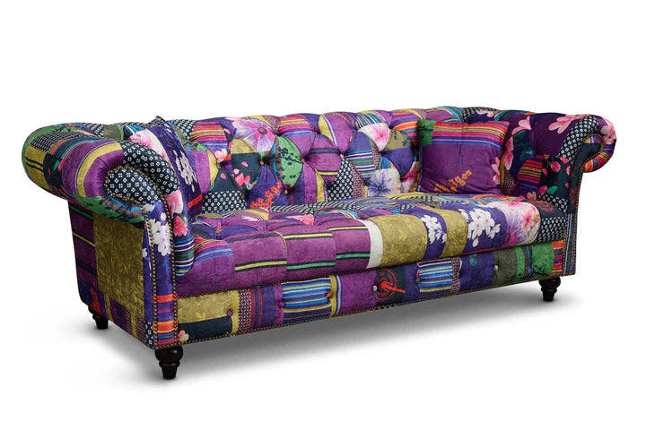 Multicoloured Fabric Patchwork 2 + 2 Seater Scroll Arm Chesterfield Sofa Set AMALFI