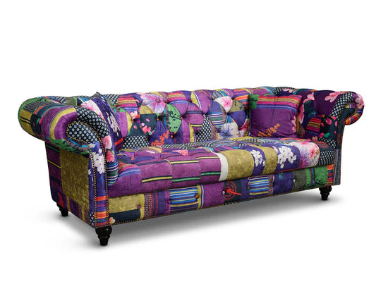 Multicoloured Fabric Patchwork 3 Seater Scroll Arm Chesterfield Sofa AMALFI