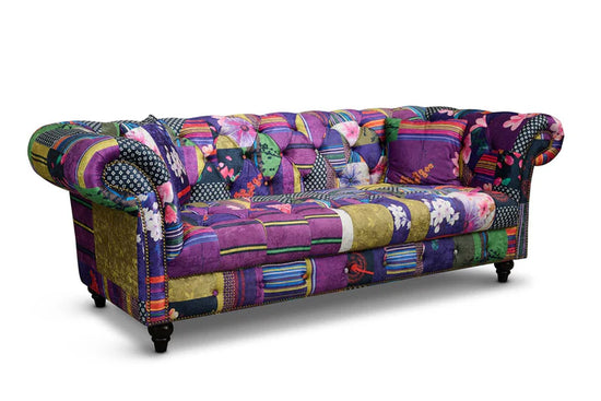 Multicoloured Fabric Patchwork 3 + 1 Seater Scroll Arm Chesterfield Sofa Set AMALFI