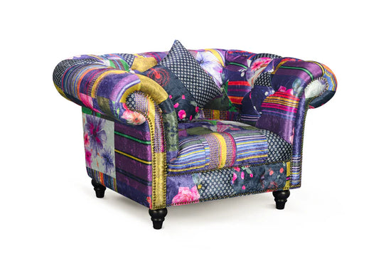 Multicoloured Fabric Patchwork 3 + 1 Seater Scroll Arm Chesterfield Sofa Set AMALFI