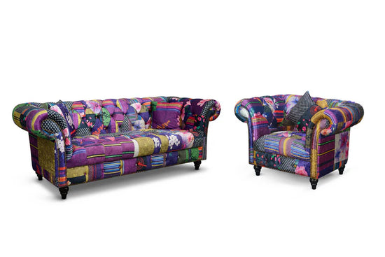 Multicoloured Fabric Patchwork 3 + 1 Seater Scroll Arm Chesterfield Sofa Set AMALFI