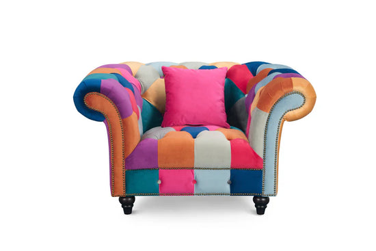 Multicoloured Velvet Patchwork 1 Seater Scroll Arm Chesterfield Sofa AMALFI