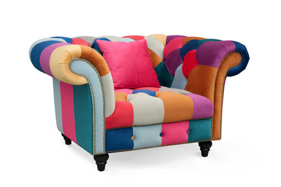 Multicoloured Velvet Patchwork 1 Seater Scroll Arm Chesterfield Sofa AMALFI