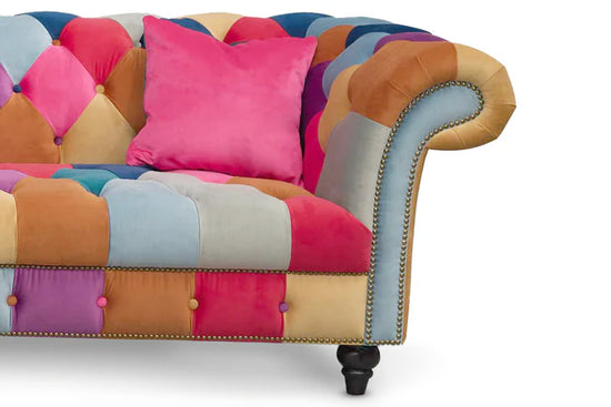 Multicoloured Velvet Patchwork 3 Seater Scroll Arm Chesterfield Sofa AMALFI