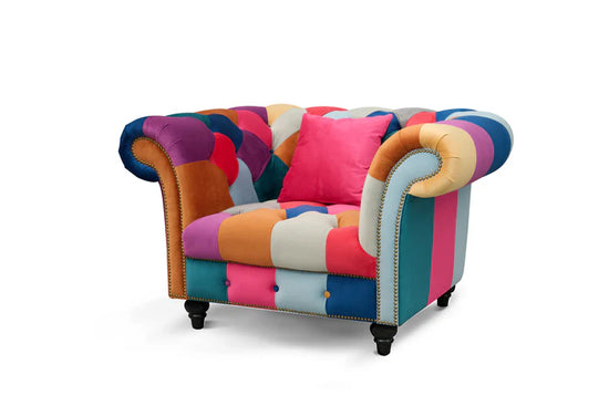 Multicoloured Velvet Patchwork 3 + 1 Seater Scroll Arm Chesterfield Sofa Set CAPRI