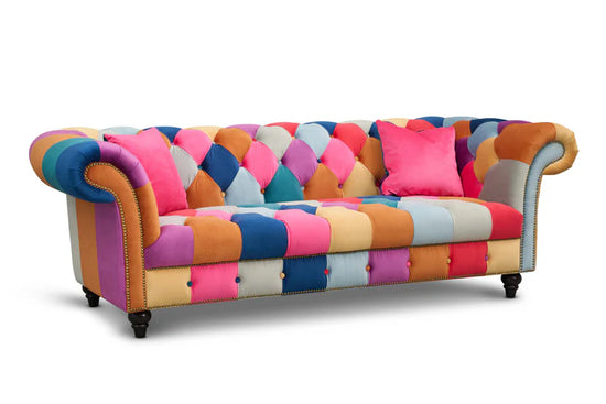 Multicoloured Velvet Patchwork 3 + 1 Seater Scroll Arm Chesterfield Sofa Set CAPRI