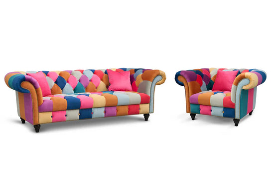 Multicoloured Velvet Patchwork 3 + 1 Seater Scroll Arm Chesterfield Sofa Set CAPRI