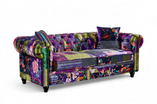 Multicoloured Fabric Patchwork Scroll Arm 3 Seater Chesterfield Sofa GRAZIA