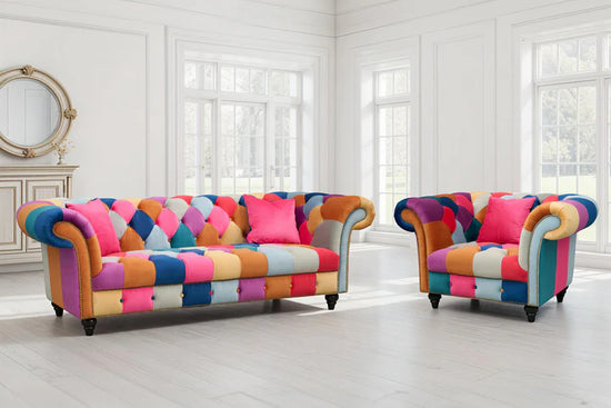 Multicoloured Velvet Patchwork 3 + 1 Seater Scroll Arm Chesterfield Sofa Set CAPRI